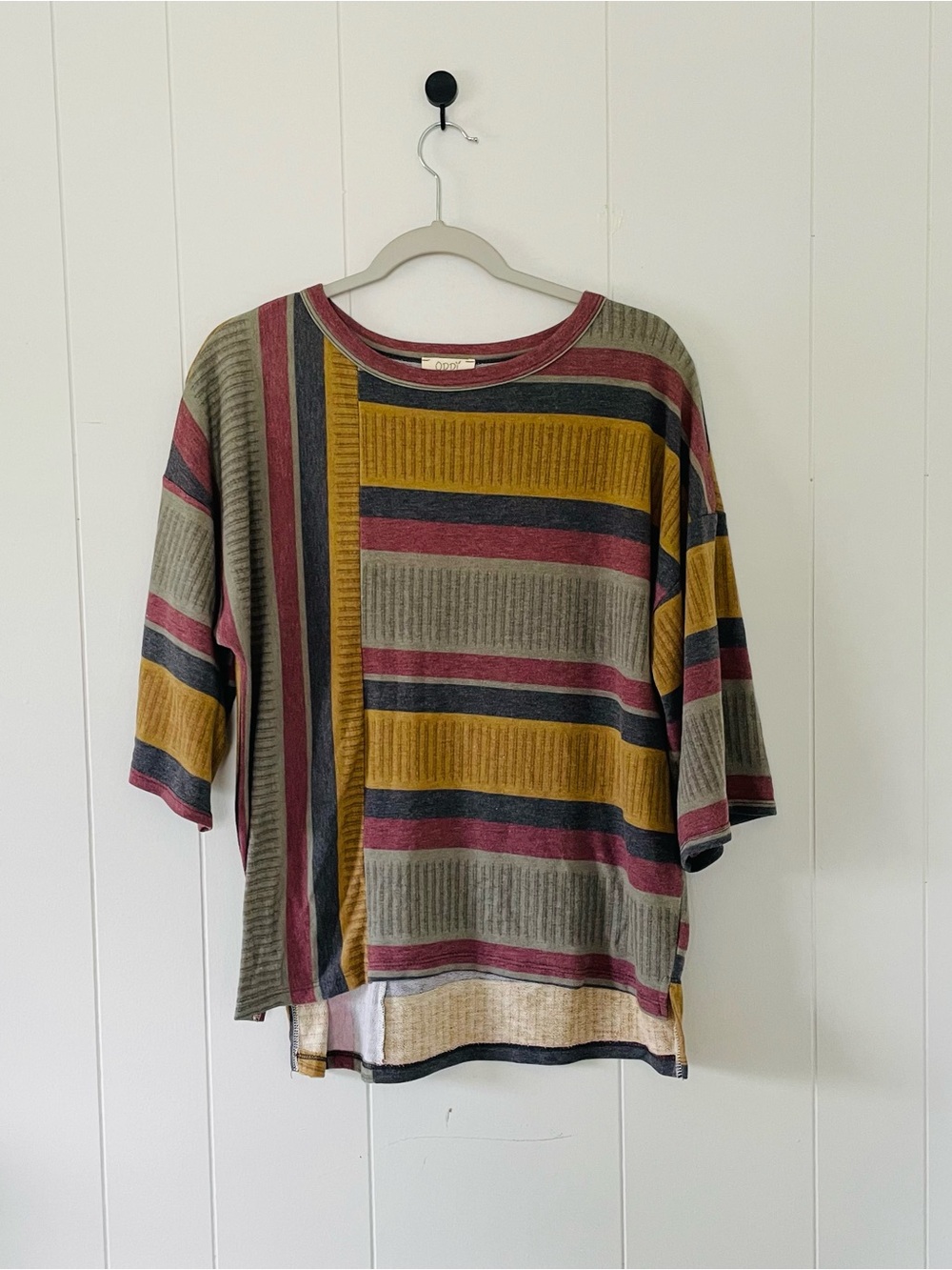 ODDY Striped Knit Top in Burgundy, Olive, Mustard & Charcoal